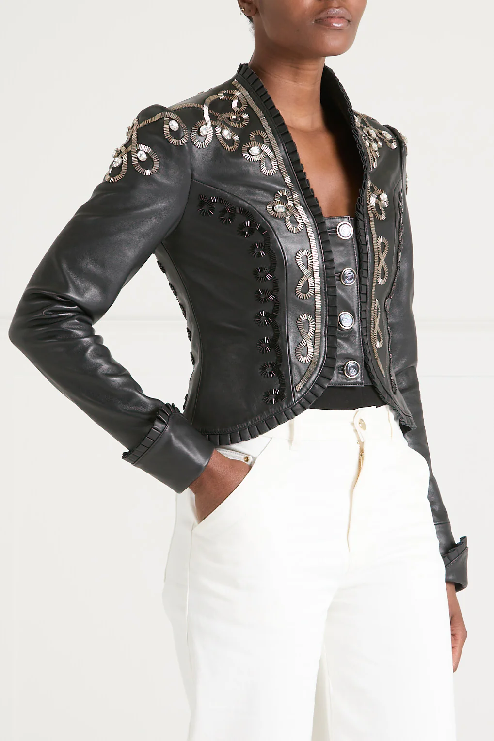 Balthazar Leather Embroidery Jacket - Black - Image 3